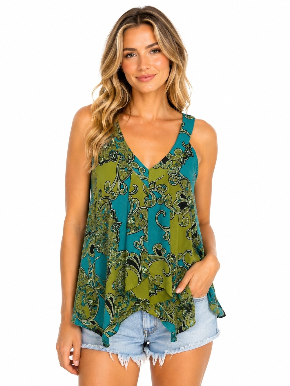 Apt. 9 Green & Teal Paisley V-Neck Tank